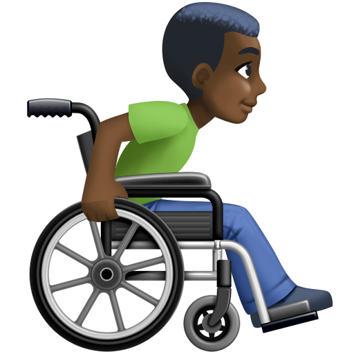 Homem em cadeira de rodas manual virado para a direita: tom de pele escuro para Facebook 16.0
