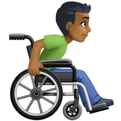 Homem em cadeira de rodas manual virado para a direita: tom de pele médio-escuro para Facebook 16.0