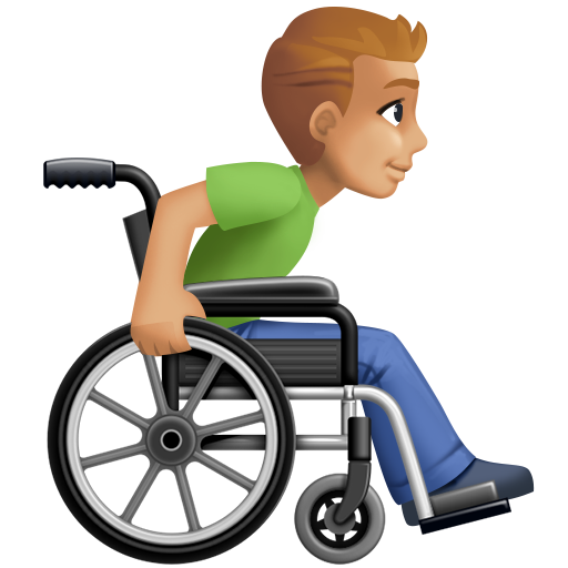 Homem em cadeira de rodas manual virado para a direita: tom de pele médio-claro para Facebook 16.0