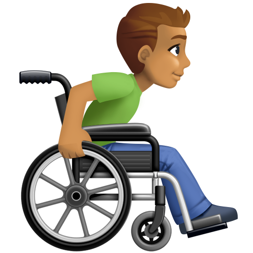 Homem em cadeira de rodas manual virado para a direita: tom de pele médio para Facebook 16.0
