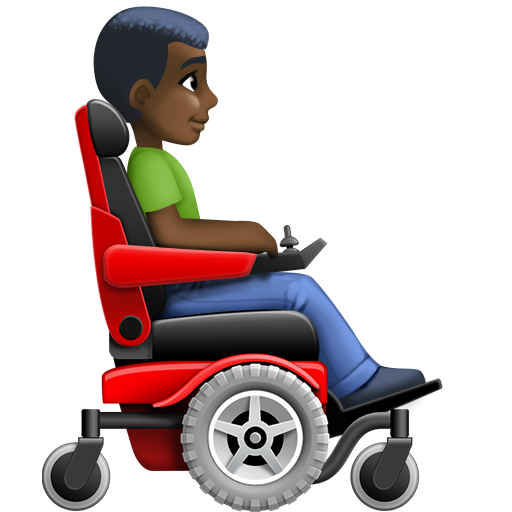 Homem em cadeira de rodas motorizada virado para a direita: tom de pele escuro para Facebook 16.0