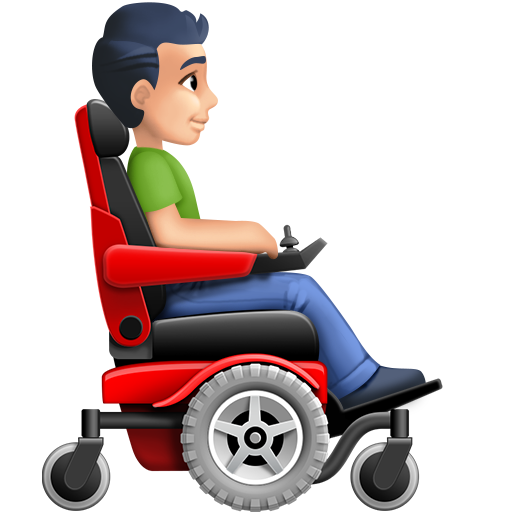 Homem em cadeira de rodas motorizada virado para a direita: tom de pele claro para Facebook 16.0
