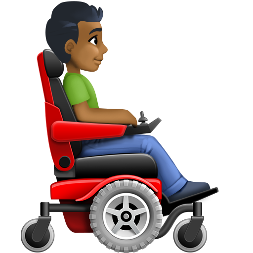 Homem em cadeira de rodas motorizada virado para a direita: tom de pele médio-escuro para Facebook 16.0