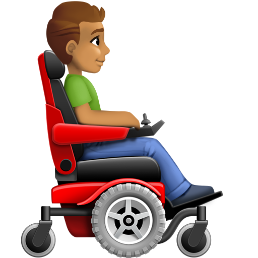 Homem em cadeira de rodas motorizada virado para a direita: tom de pele médio para Facebook 16.0