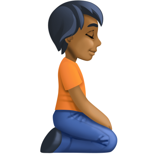 Pessoa ajoelhada de frente para a direita: tom de pele médio-escuro para Facebook 16.0