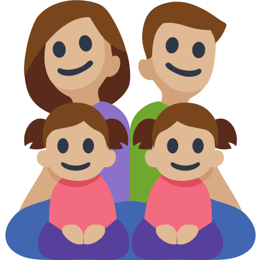 Família - Homem: Tom de Pele Médio-Claro, Mulher: Tom de Pele Médio-Claro, Menina: Tom de Pele Médio-Claro, Menina: Tom de Pele Médio-Claro