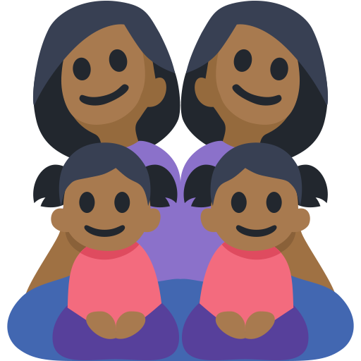 Família - Mulher: Tom de Pele Médio-Escuro, Mulher: Tom de Pele Médio-Escuro, Menina: Tom de Pele Médio-Escuro, Menina: Tom de Pele Médio-Escuro