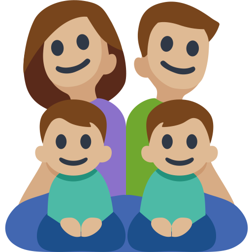 Família - Homem: Tom de Pele Médio-Claro, Mulher: Tom de Pele Médio-Claro, Menino: Tom de Pele Médio-Claro, Menino: Tom de Pele Médio-Claro