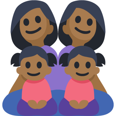 Família - Mulher: Tom de Pele Médio-Escuro, Mulher: Tom de Pele Médio-Escuro, Menina: Tom de Pele Médio-Escuro, Menina: Tom de Pele Médio-Escuro