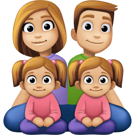 Família - Homem: Tom de Pele Médio-Claro, Mulher: Tom de Pele Médio-Claro, Menina: Tom de Pele Médio-Claro, Menina: Tom de Pele Médio-Claro