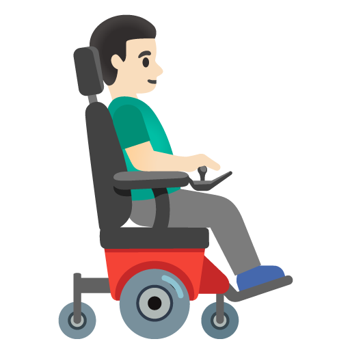 Мужчина в моторизованной инвалидной коляске смотрит вправо: светлый тон кожи для Google 16.0