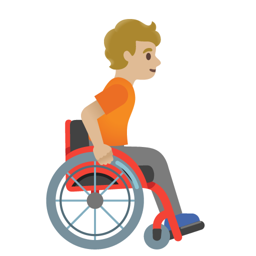 Людина в ручному інвалідному візку, дивиться вправо: середньо-світлий тон шкіри для Google 16.0