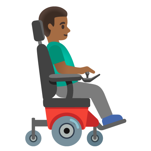 Homem em cadeira de rodas motorizada virado para a direita: tom de pele médio-escuro para Google 17.0