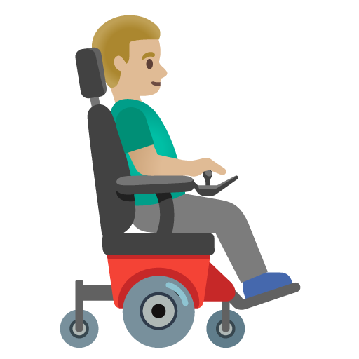 Homem em cadeira de rodas motorizada virado para a direita: tom de pele médio-claro para Google 17.0