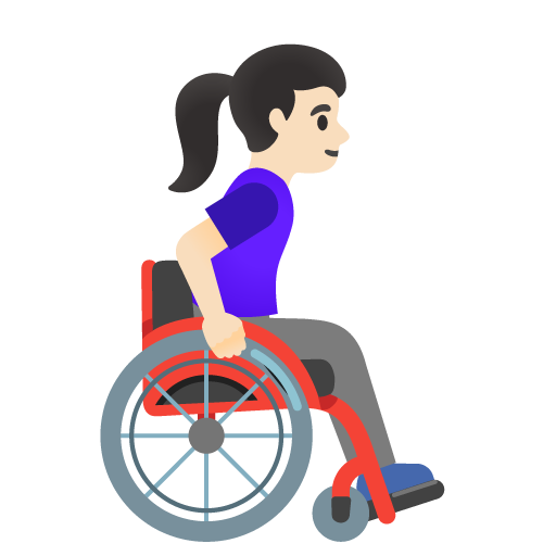 Mulher em cadeira de rodas manual voltada para a direita: tom de pele claro para Google 17.0