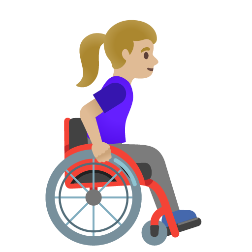 Mulher em cadeira de rodas manual voltada para a direita: tom de pele médio-claro para Google 17.0