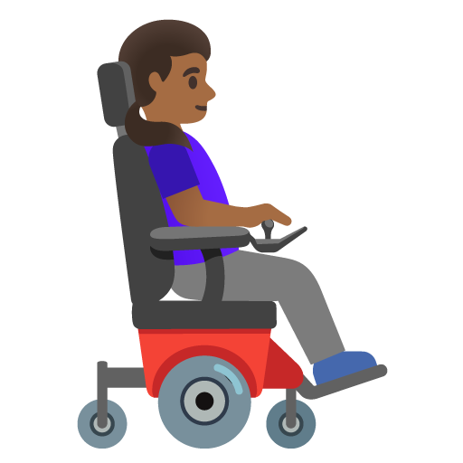 Mulher em cadeira de rodas motorizada voltada para a direita: tom de pele médio-escuro para Google 17.0