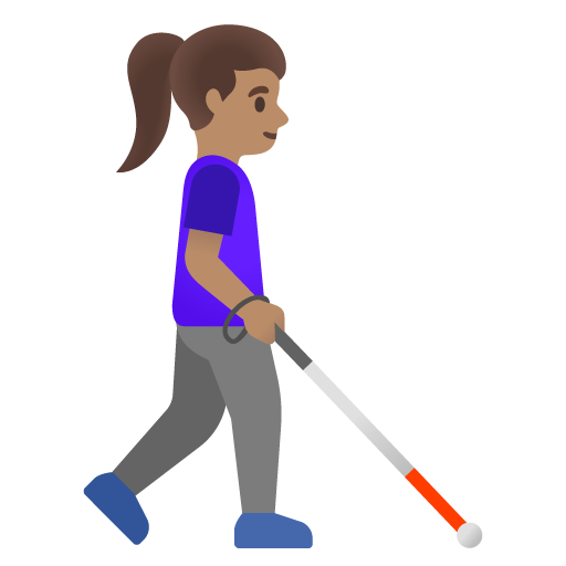 Mulher com bengala branca voltada para a direita: tom de pele médio para Google 17.0