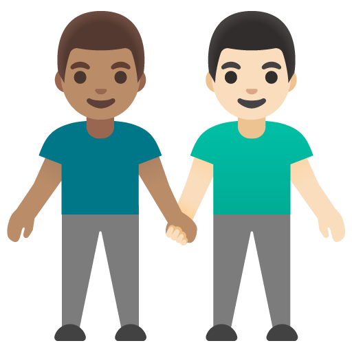हाथ पकड़े दो पुरुष: मध्यम रंग की त्वचा, हल्के रंग की त्वचा