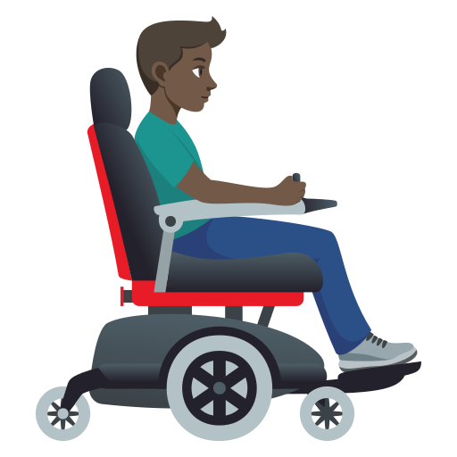Homem em cadeira de rodas motorizada virado para a direita: tom de pele escuro para JoyPixels 10.0
