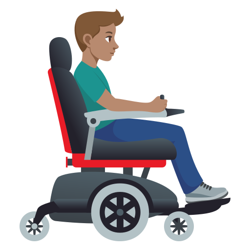 Homem em cadeira de rodas motorizada virado para a direita: tom de pele médio para JoyPixels 10.0