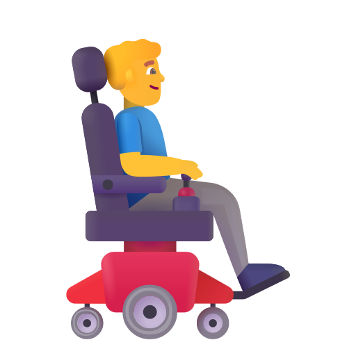 Homme en fauteuil roulant motorisé tourné vers la droite
