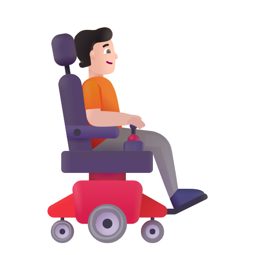 Personne en fauteuil roulant motorisé tournée vers la droite: Peau Claire