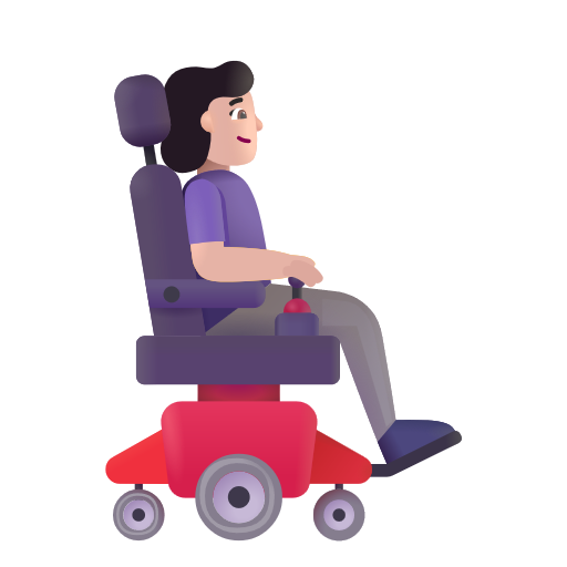 Femme en fauteuil roulant motorisé tournée vers la droite: Peau Claire