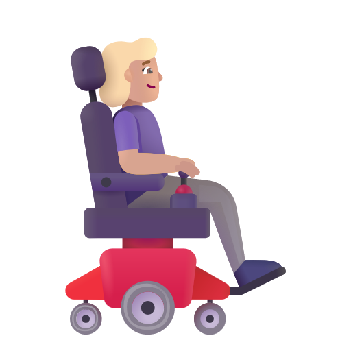 Femme en fauteuil roulant motorisé tournée vers la droite: Peau Moyennement Claire