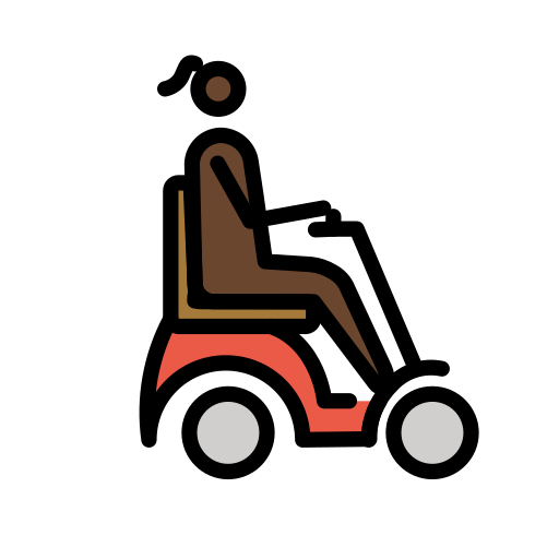 Mulher em cadeira de rodas motorizada voltada para a direita: tom de pele escuro para OpenMoji 16.0